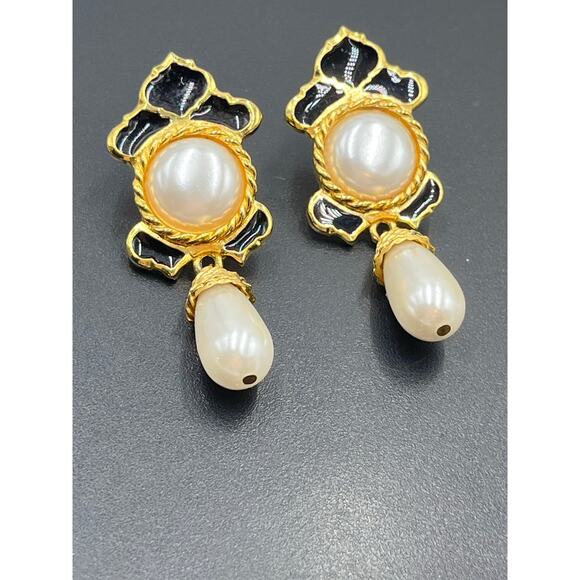 Berebi Designer Vintage Black Enamel Faux Pearl Drop Dangle Statement Earrings - Picture 2 of 7